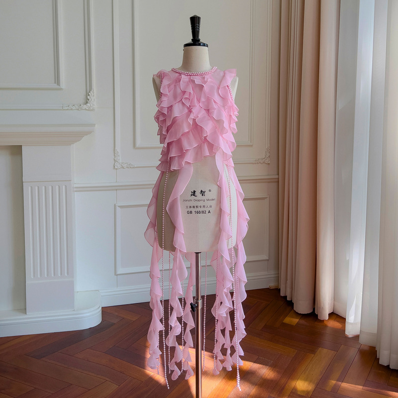 Yige Lila High-End Sweet Fairy Princess Chiffon Shirt with Tassels and Ribbons Sleeveless Blouse Top Summer 71328