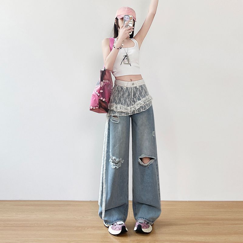 2026 Summer New Thin Style Patchwork Lace Ripped High Street Wide-Leg Flared Jeans for Women High-Waisted Long Pants