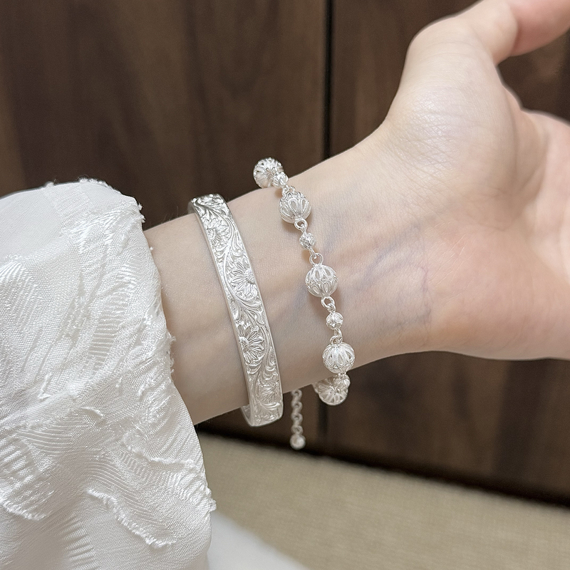 Nandu·Kuiye Pure Silver 999.9 Ancient Method Hand-Carved Niche Sterling Silver Bracelet Gift for Women