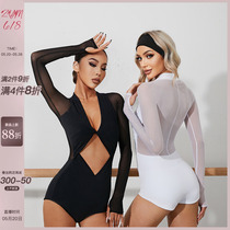 ZYM (Monica) mesh deep V design one-piece Latin dance practice suit womens top long sleeves with underwear 2266