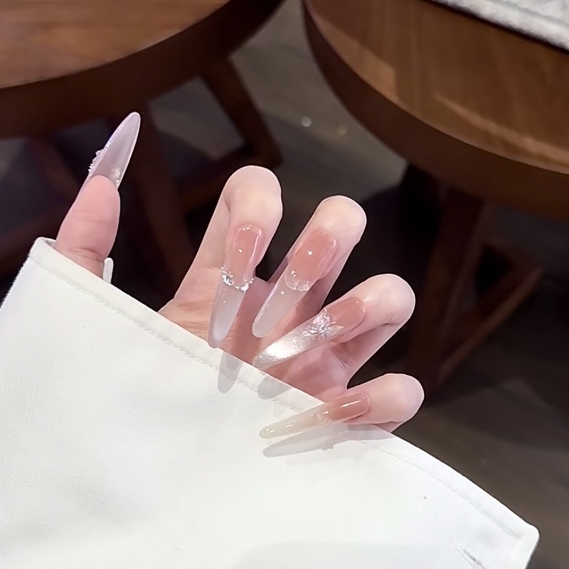 High-End Pure Nude Color Handmade Wearable Nails 2026 New Style Gentle Rhinestone Butterfly Medium-Long Detachable Nail Art