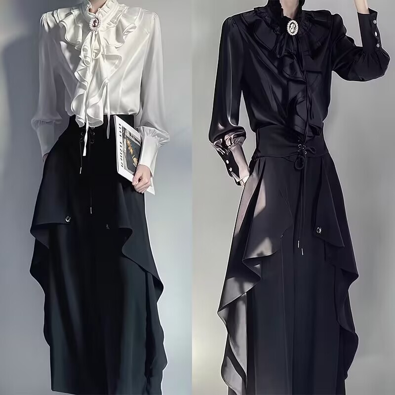 Dark French Court Style Retro Stand-Up Collar Ruffled Long-Sleeved Shirt for Men with Ruffled Edge and Ribbon Design