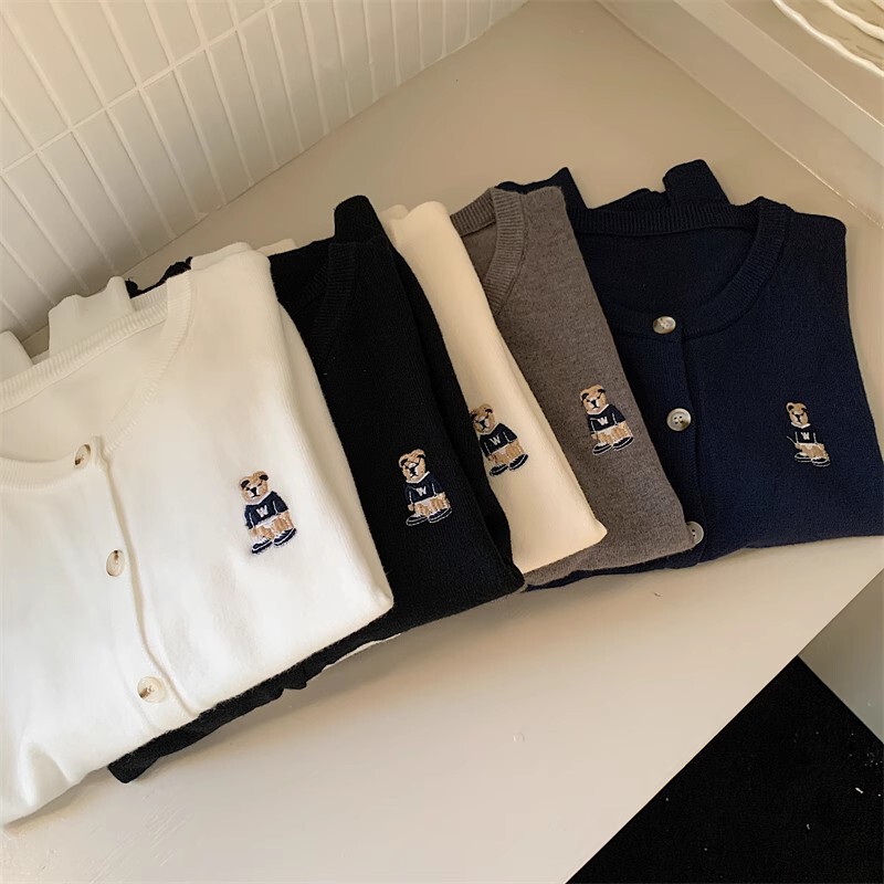 Navy Blue Bear Embroidered Long-Sleeved Knit Cardigan Jacket Early Autumn Women's New Loose Sweater Short Top