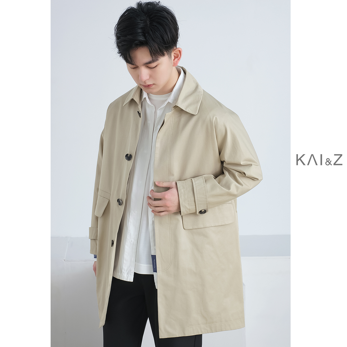 Windbreaker men's long 2021 spring new item loose trend thin lapel casual simple coat men's coat