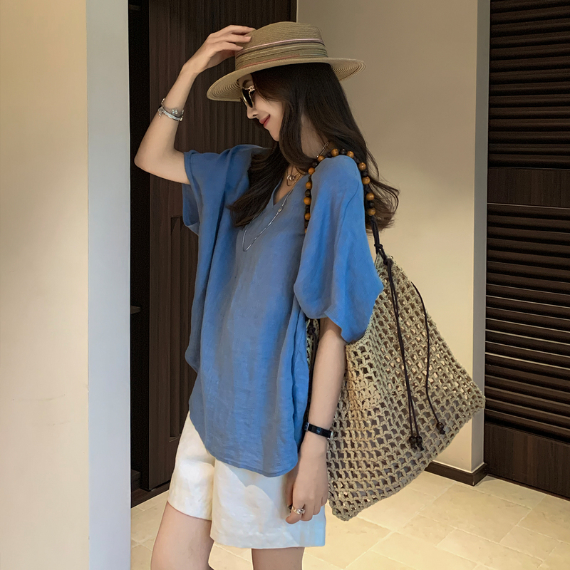 Ning'Er Lynn Linen Shirt for Women 2026 New Blue Design Niche Spring and Summer V-Neck Batwing Sleeve Top