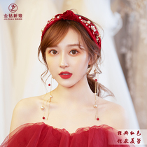 Golden diamond bride 2021 new retro wedding dress hairband with makeup back door toast red headdress photography jewelry