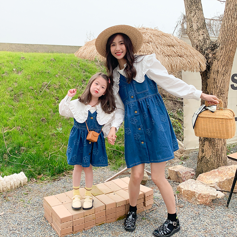 Ocnltiy pro-children dress 2022 spring autumn new mother women's dress Korean version shirts Cowboy dress The Yankees Two sets