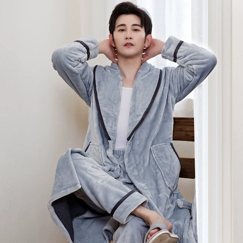 Демисезонная коралловая бархатная флисовая пижама, удерживающий тепло фланелевый зимний лонгслив, кардиган, комплект, увеличенная толщина, мужской стиль, большой размер