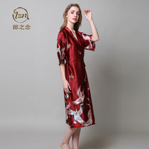 Pajamas women summer spring and autumn ice silk long robe night dress thin red wedding newlywed bride morning robe sexy bathrobe