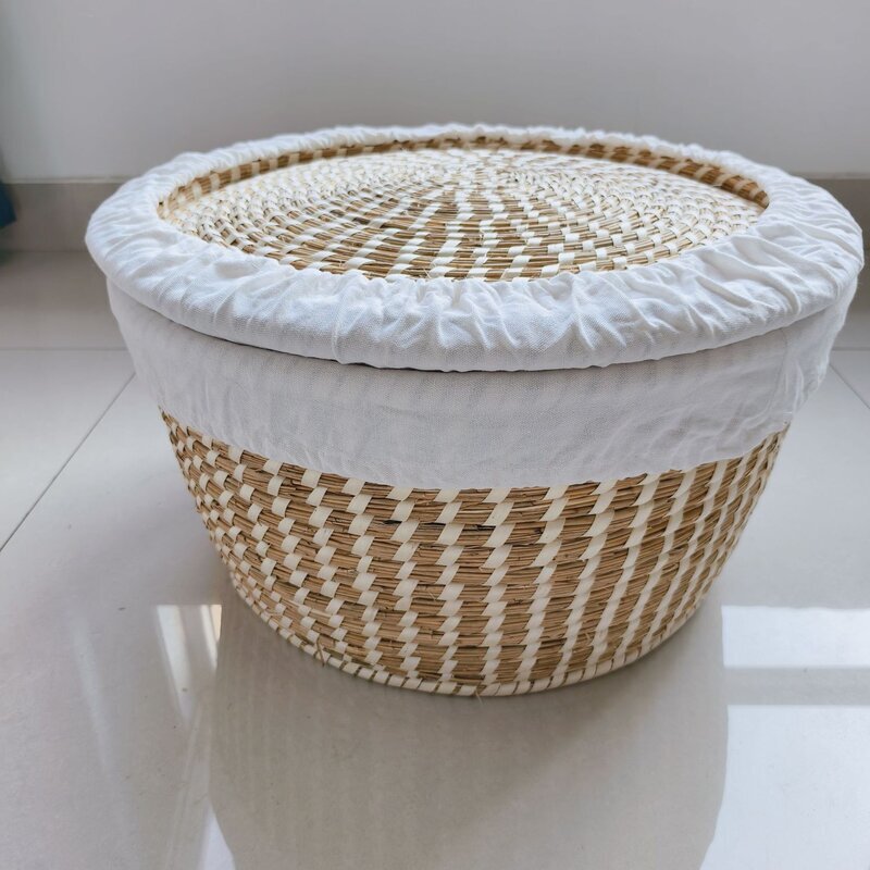 Handmade Reed Grass Woven Steamer Basket with Lid, Multi-Purpose Storage Basket for Home Use, Suitable for Buns, Flatbread, and More