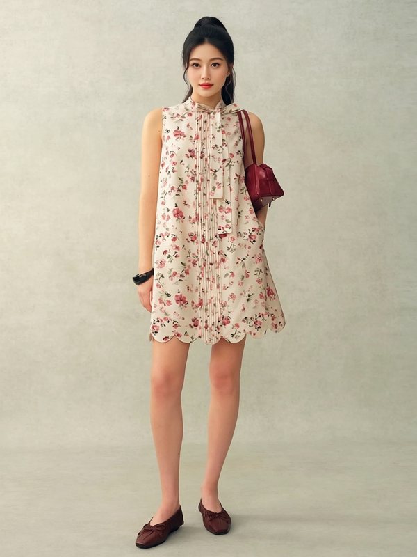 Fa Brand Silk Cotton Pleated French Floral Ribbon Sleeveless A-Line Dress 2026 Summer New Model