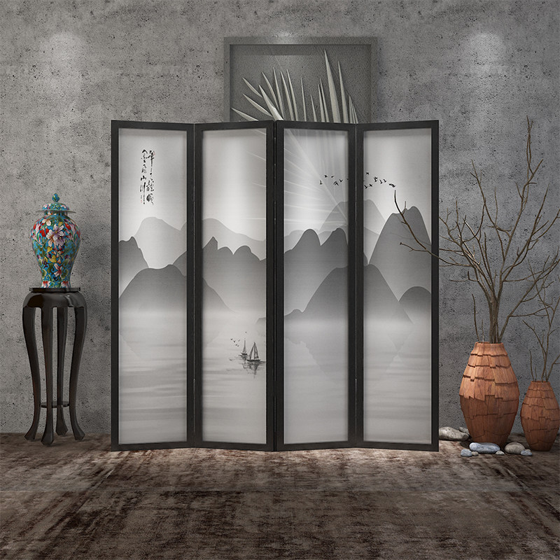 New Chinese Screen Folding Folding Partition Living Room Modern Hotel Office Solid Wood Genguan Mobile Landscape Cloth Art Folding Screen