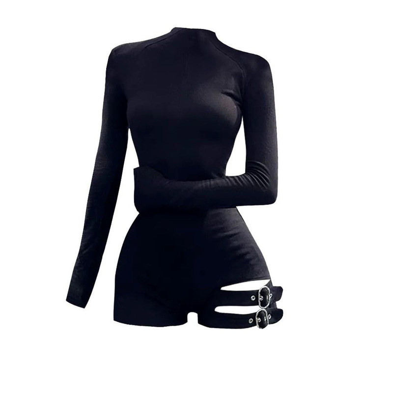 Plus-Size Women's European and American Style Tie-Up Long-Sleeve Bodysuit, Slim-Fit, Slimming, Zippered Base Layer Jumpsuit Shorts