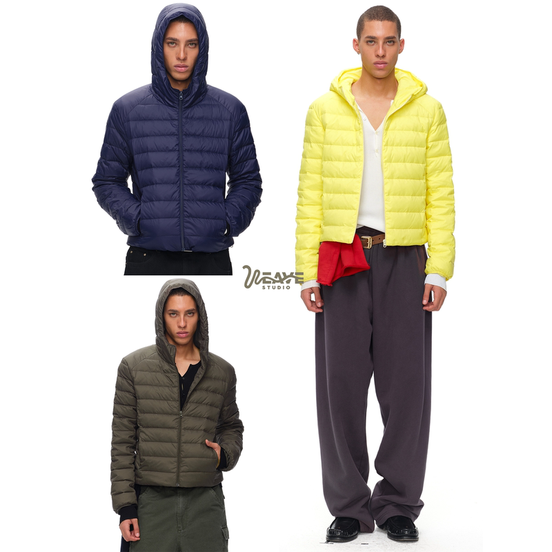 Weave Yellow/Military Green/Dark Blue 95 White Duck down Ribbed down Jacket Hooded Short Winter Lightweight Coat