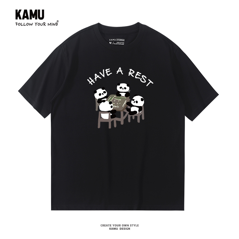 Fun Panda Print Pure Cotton Short-Sleeved T-Shirt for Men, Summer Loose Fit, Trendy Brand Casual Half-Sleeve Shirt for Teenagers Fun Panda Print Pure Cotton Short-Sleeved T-Shirt for Men, Summer Loose Fit, Trendy Brand Casual Half-Sleeve Shirt for Teenagers