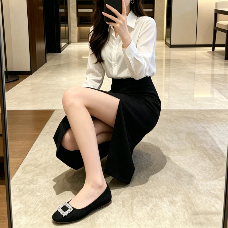 Square Buckle Rhinestone Pointed Toe Shallow Mouth Single Shoes for Women 2026 New Spring Black Slip-On Soft Sole Flat Shoes Commuter Shoes