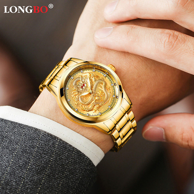 LONGBO Dragon Wave Temperament Men Watch Luminous Solid Gold Dragon Relief Waterproof Quartz Watch-Taobao