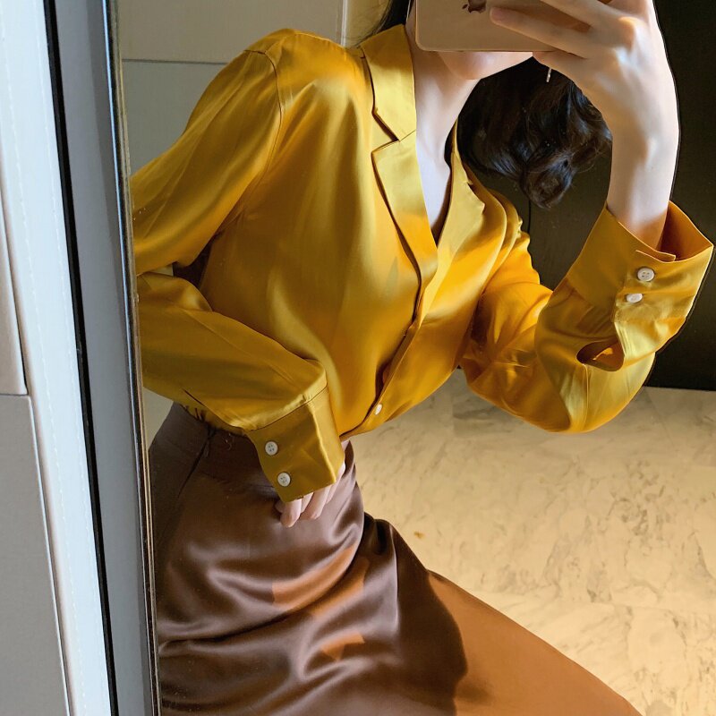 Retro Mango Yellow Suit Collar Long Sleeve Shirt Woman High Waist Silk Quality Half Skirt A-word Dress