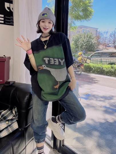 300斤特大码女装新款欧货水洗做旧鸭子印花短袖上衣宽松百搭t恤女