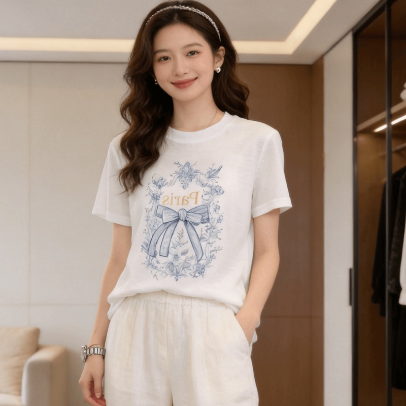 2026 New Unique and Super Stylish Bow Print T-Shirt for Women, Summer Fashion Short-Sleeve Top for Petite Figures