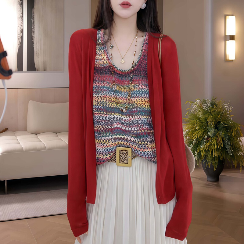Red Elegant V-Neck Knitted Cardigan for Women, 2026 Summer Thin Style, Stylish and Age-Reducing Jacket, Loose and Versatile Long-Sleeved Top