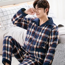 Mens pajamas winter three layers thickened velvet coral velvet cotton set flannel warm home wear autumn and winter