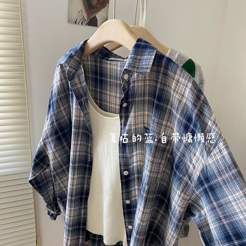 Extra Large Size 150kg Korean Style Hong Kong Style Blue Plaid Shirt Jacket for Women, Plus Size, Summer Niche Versatile Sun Protection Clothing