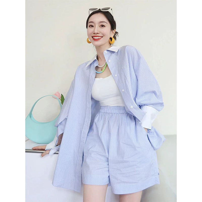Plus Size 150kg Summer New High-End Internet Celebrity Street Blue Stripesd Shirt Shorts Casual Two-Piece Set for Women