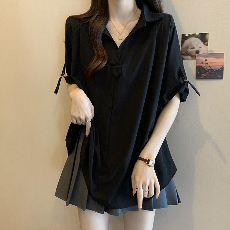 Extra Large Size 150kg Black Chiffon V-Neck Short-Sleeved Shirt, Summer Loose Fit, Slimming, Covers the Body, Unique Shirt Top, Trendy