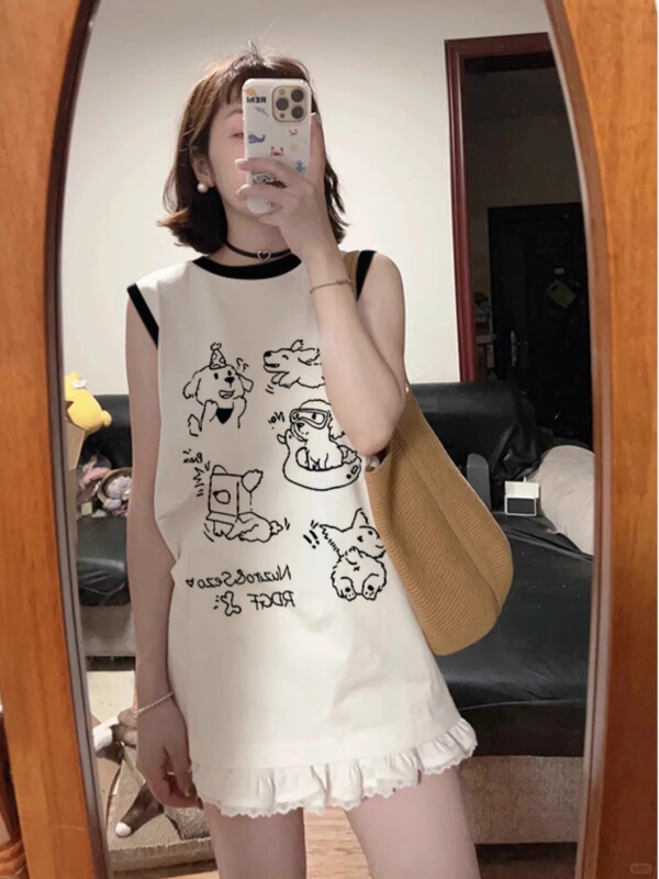 Extra Large Size 150kg Black and White Contrasting Color Sports Vest for Women Summer Graffiti Puppy Print Loose Casual Sleeveless Top