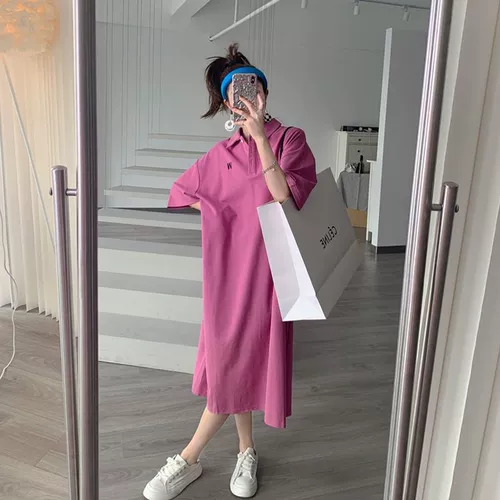 Очень большая зеленая цветная длинная футболка, платье для отдыха, длинная юбка, большой размер, воротник поло, короткий рукав