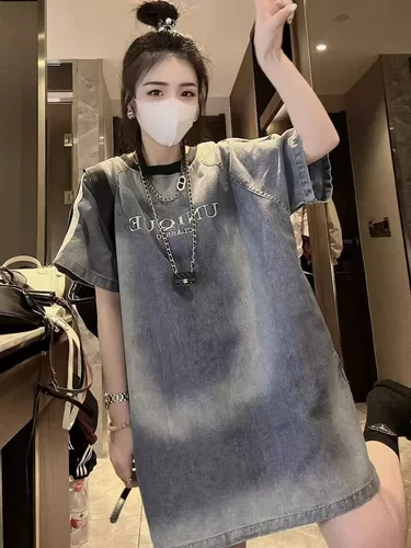 Большой размер, 300 фунтов, европейское джинсовое платье с вышивкой и потертостями для полных, модная свободная прямая юбка в западном стиле с короткими рукавами для женщин