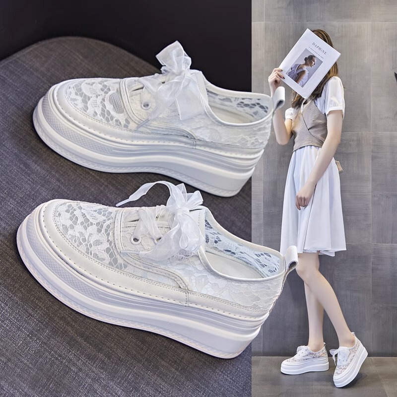 Women's 2023 New Summer Thin Mesh Breathable Lace Thick-Soled Flats with Skirt Inner Height Increasing White Shoes Mesh Shoes Women's 2023 New Summer Thin Mesh Breathable Lace Thick-Soled Flats with Skirt Inner Height Increasing White Shoes Mesh Shoes