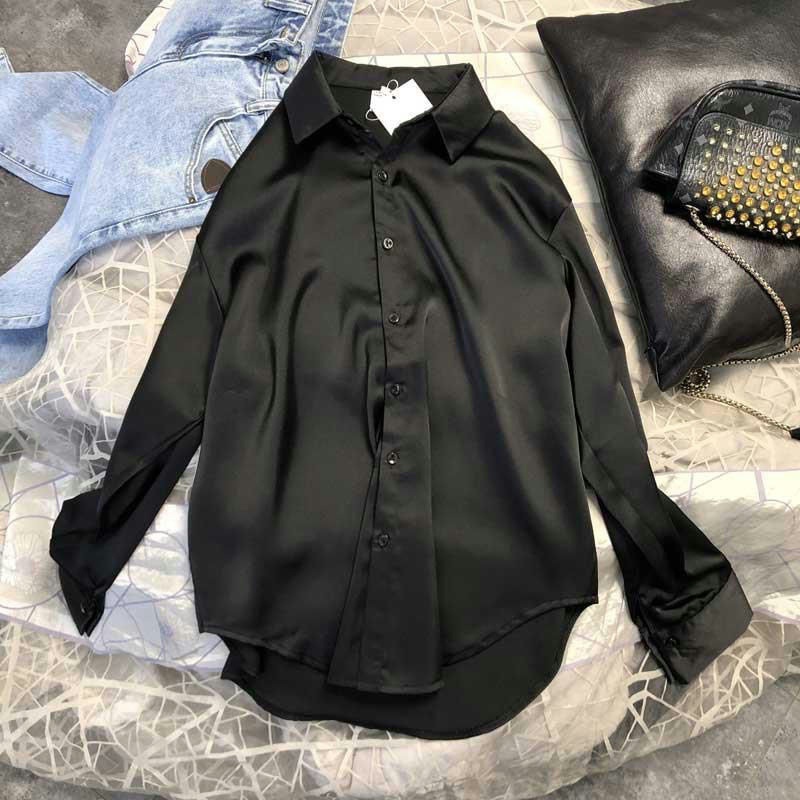 Acetate Satin Black Shirt for Women, Spring and Autumn, Loose, Lazy Style, Mid-Length, Versatile, Slimming, Drapey, Sun-Protective Thin Jacket