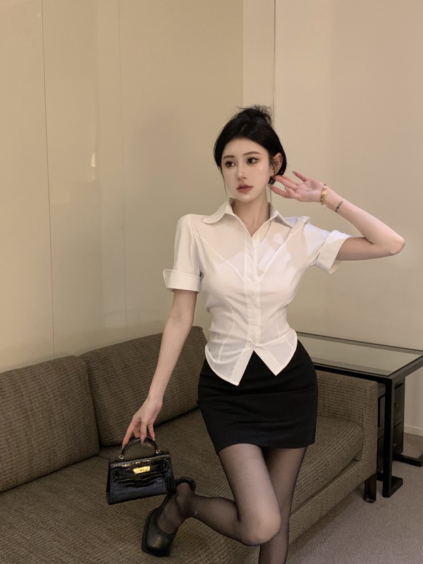 Pure Desire Waist-Cinching White Short-Sleeved Shirt for Women, Summer Slim-Fitting Sexy Tight-Fitting Shirt, Ol Uniform, Professional Workwear Suit