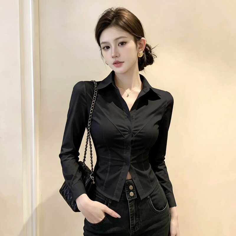 French-Style High-End Black Polo Collar Long-Sleeve Stretch Shirt for Women, Slim Fit, Versatile, Suitable for Work and Professional Wear