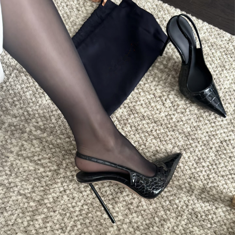 Crocodile-Patterned Pointed-Toe Sandals with Ultra-High Heels, Sexy Shallow Mouth Single Shoes with Thin Heels and a Single Strap, Hot Girl Style High Heels