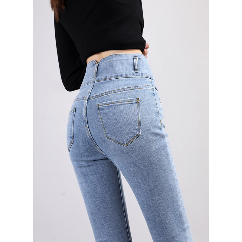 Light-colored high-waisted jeans women's plus fleece pipe pants Fall/Winter 2022 new skinny cropped pencil pants