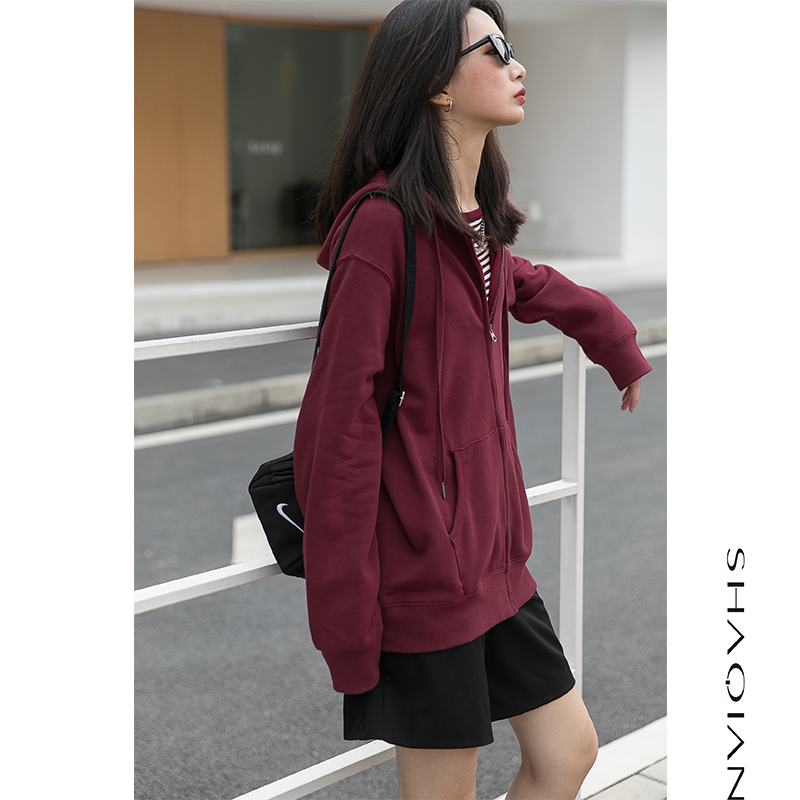 BF style lazy hooded sweater cardigan female spring and autumn thin section wine red Korean version loose autumn hooded zipper jacket