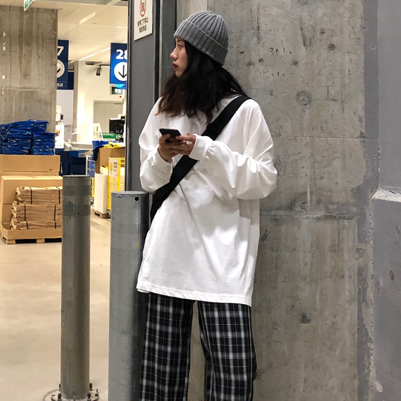 Loose mid-length solid color long-sleeved T-shirt women's lazy style autumn pure cotton underwear spring and autumn layered inner top