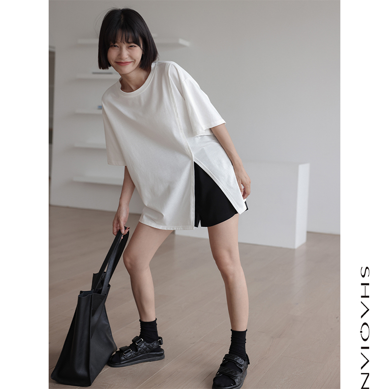 Korean version white hem split short-sleeved t-shirt women's summer loose solid color pure cotton design small half-sleeved T-shirt