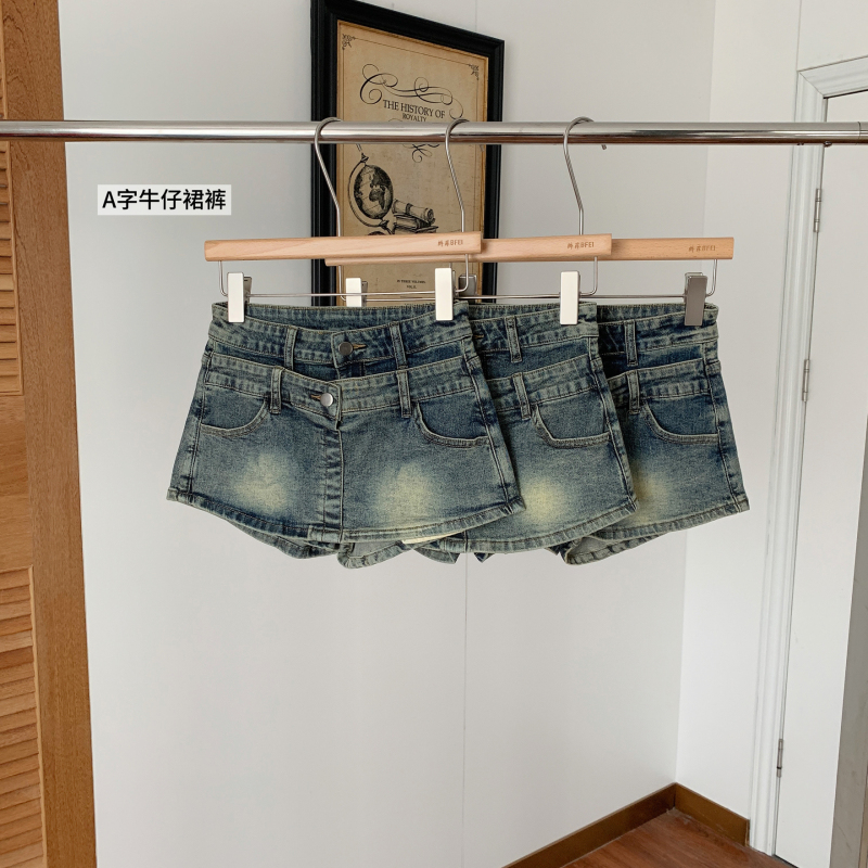 Titi Sister [Annabelle] Women's Summer Double Waistband Vintage A-Line Mid-Waist Denim Skirt Pants