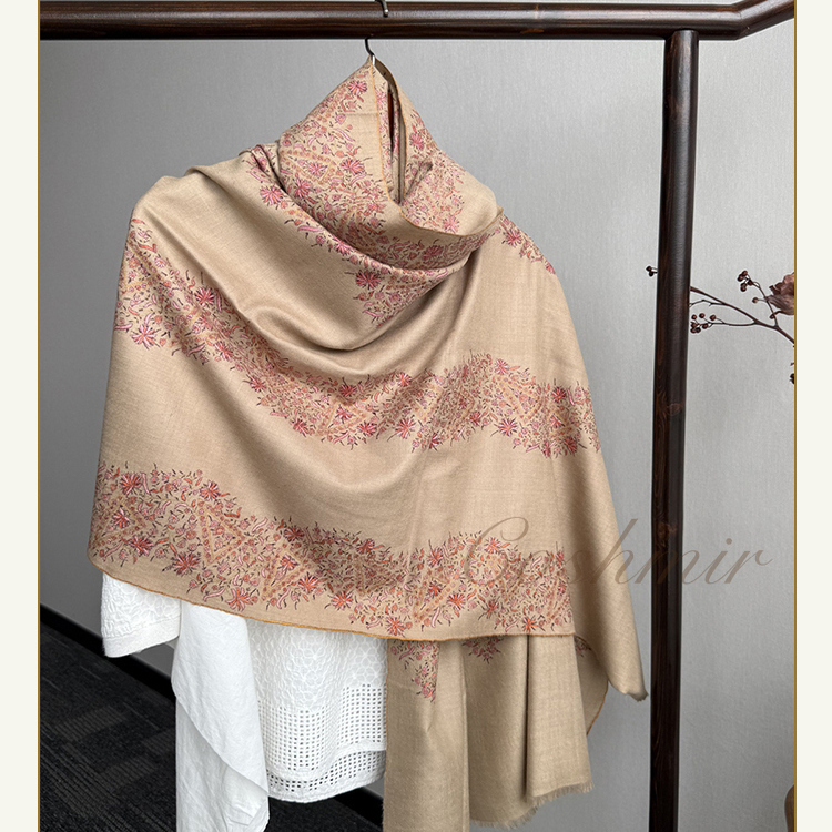 【Coshmir】Champagne + Milk Tea Color Silk Old Embroidery - Kashmir Handmade Cashmere Scarf Shawl