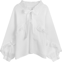 Fairys pocket ruffled French white chiffon shirt for women 2024 spring and autumn new long-sleeved tulle top