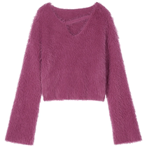 Fairys Pocket Short Round Neck Pullover Sweater Womens 2023 Winter New Style Small Slim Fit Imitation Mink Fur Top