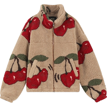 Fairys pocket short stand collar thickened cotton coat for women 2023 winter new imitation lamb wool cherry jacquard cotton coat