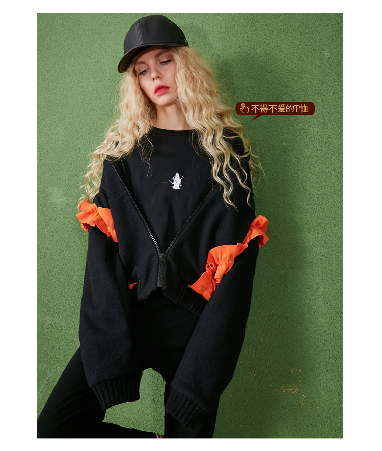 Mùa xuân hip hop áo cánh lỏng lẻo tai tương phản màu len lông ngắn nữ áo cardigan nữ hàn quốc