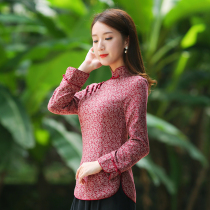 Junya Tang dress womens young version of cheongsam-style top cotton and linen long sleeves retro fashion plate buckle Buddha Chinese womens clothing