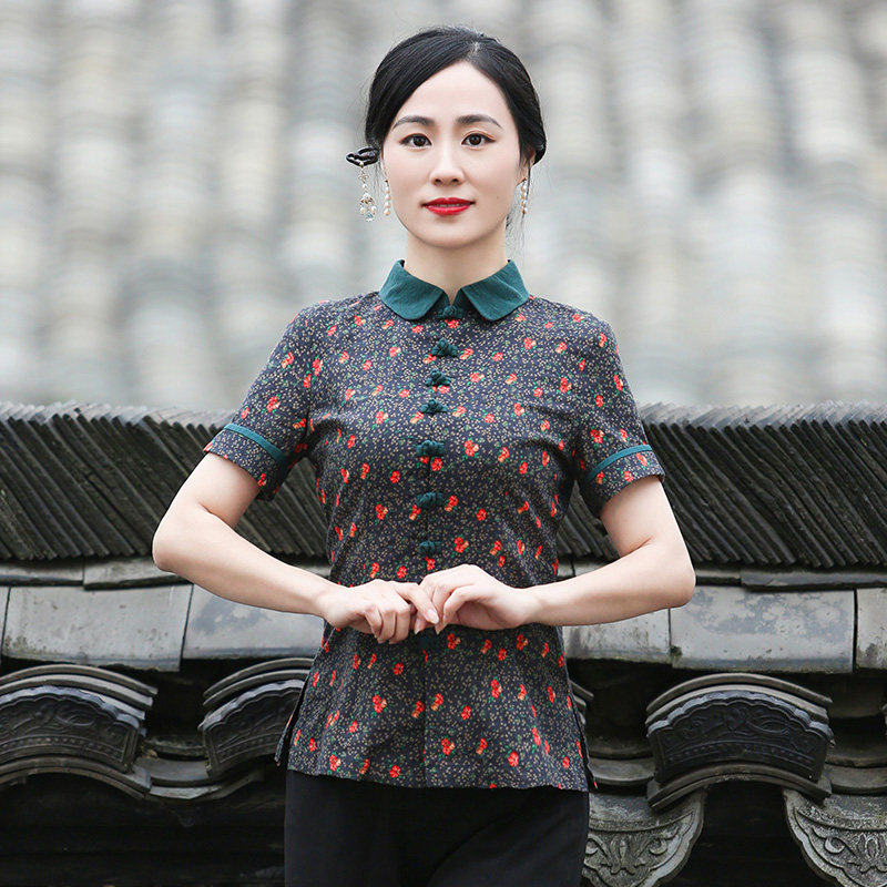 Junya Tang Bottling Women China Wind Qipao Blouse Blouse Summer Short Sleeve Disc Buckle Repair Body Display Slim Retro Fashion Chinese Women's Clothing