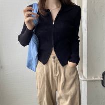 Korean spring sexy double zipper long sleeve design sense niche gentle style sweater women cardigan jacket jacket